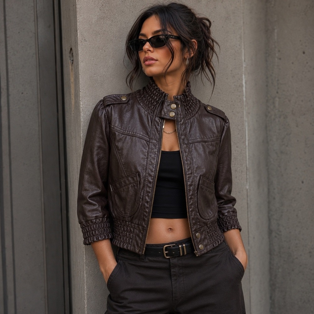 Therapy Brown Vegan Leather Smocked Bomber Jacket Womens Small Edgy Street  Moto